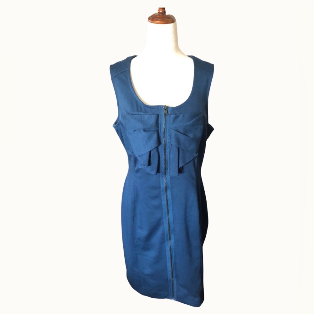 Office Siren Blue Bow‎ Zipper Front MIDI Dress Sz XL